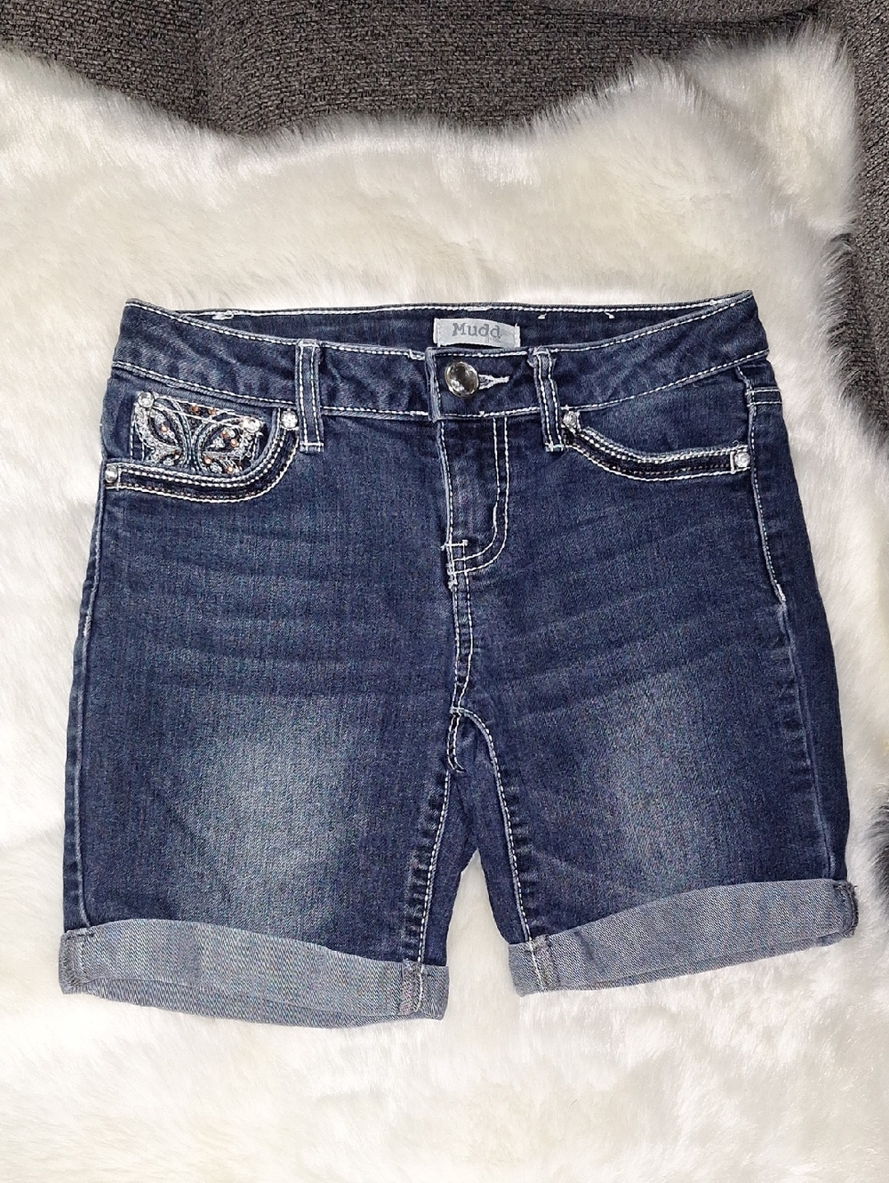 Mudd Girls Dark Blue Denim Rolled-Cuff Shorts with Embellished Pocket